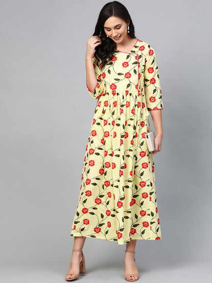 Women Yellow Floral Printed V-Neck Viscose Rayon Maxi Dress | LASVINI - Redefining Indian Fashion with Elegance