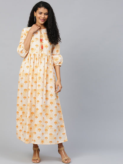 Women Off White Floral Printed Round Neck Cotton A-Line Dress | LASVINI - Redefining Indian Fashion with Elegance