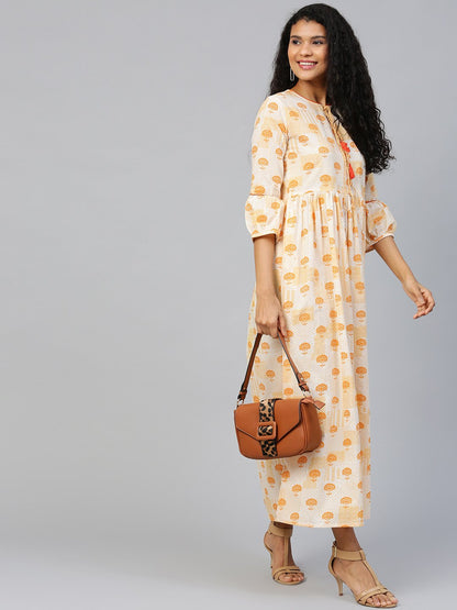 Women Off White Floral Printed Round Neck Cotton A-Line Dress | LASVINI - Redefining Indian Fashion with Elegance