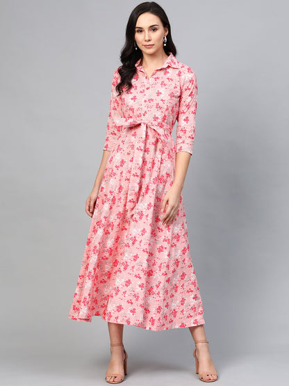 Women Pink Floral Printed Shirt Collar Cotton A-Line Dress | LASVINI - Redefining Indian Fashion with Elegance