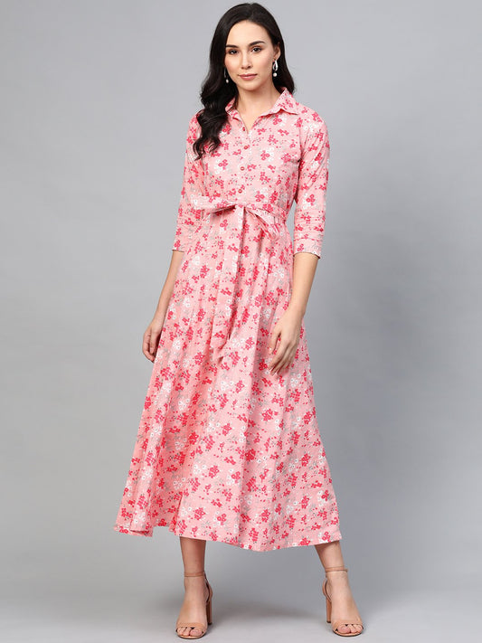 Women Pink Floral Printed Shirt Collar Cotton A-Line Dress | LASVINI - Redefining Indian Fashion with Elegance