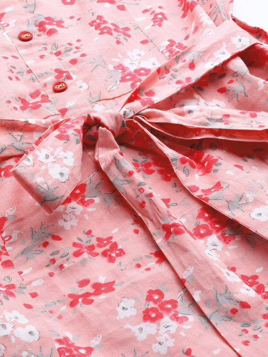 Women Pink Floral Printed Shirt Collar Cotton A-Line Dress | LASVINI - Redefining Indian Fashion with Elegance