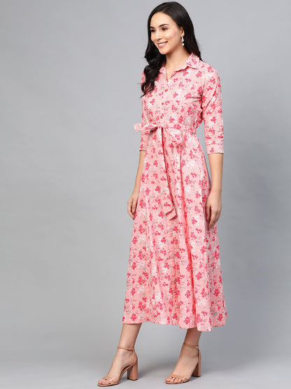 Women Pink Floral Printed Shirt Collar Cotton A-Line Dress | LASVINI - Redefining Indian Fashion with Elegance