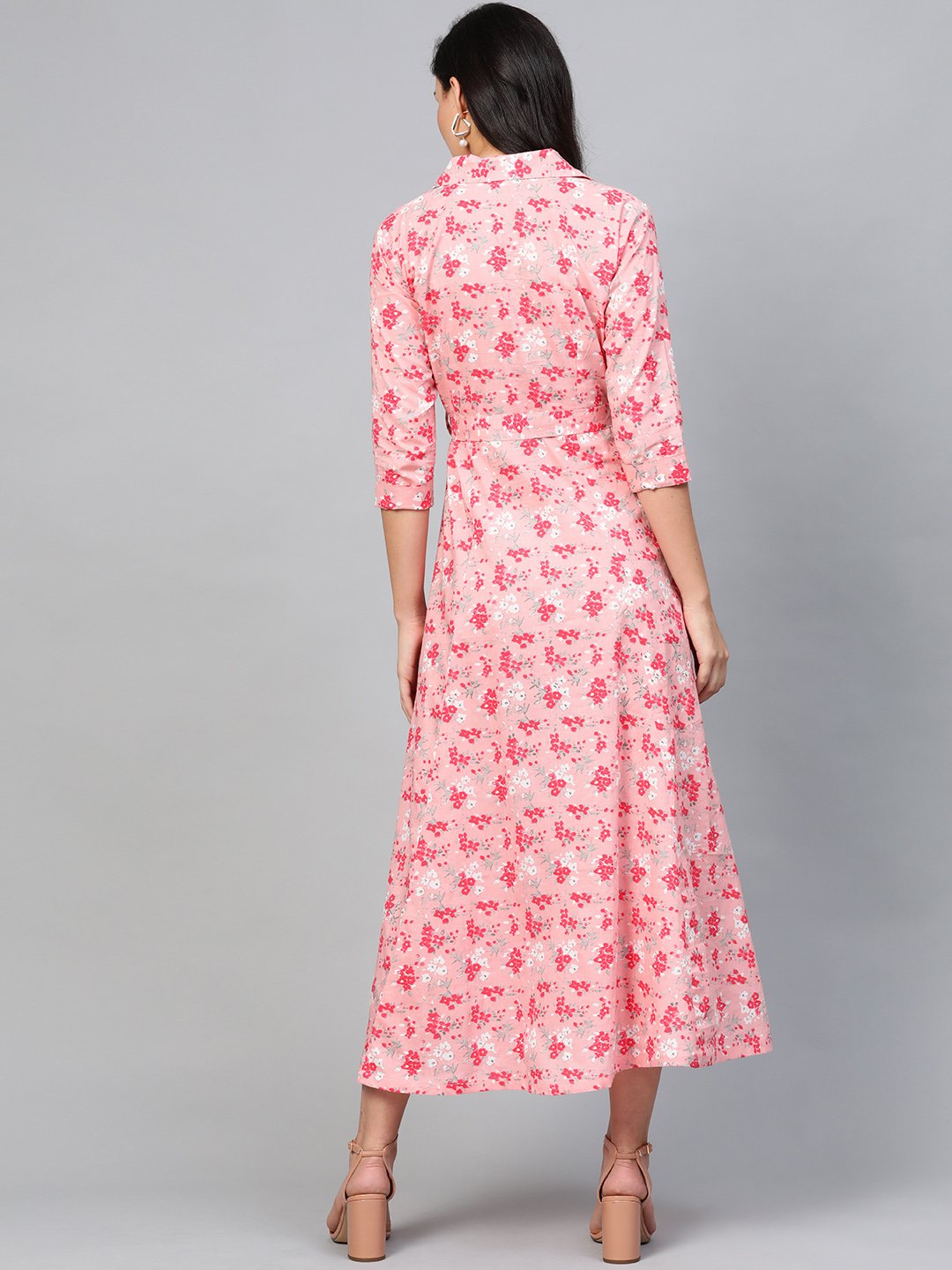Women Pink Floral Printed Shirt Collar Cotton A-Line Dress | LASVINI - Redefining Indian Fashion with Elegance