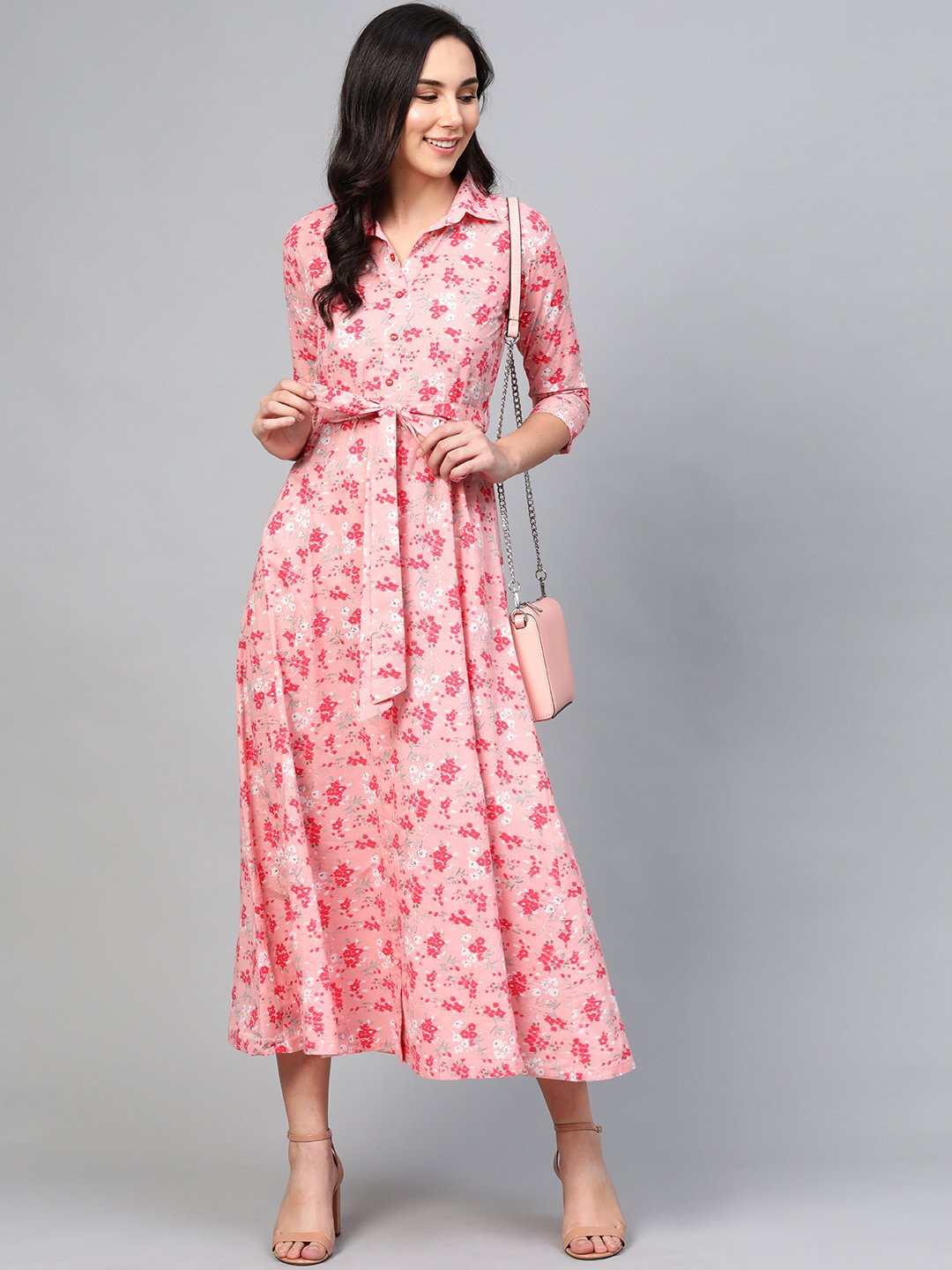 Women Pink Floral Printed Shirt Collar Cotton A-Line Dress | LASVINI - Redefining Indian Fashion with Elegance