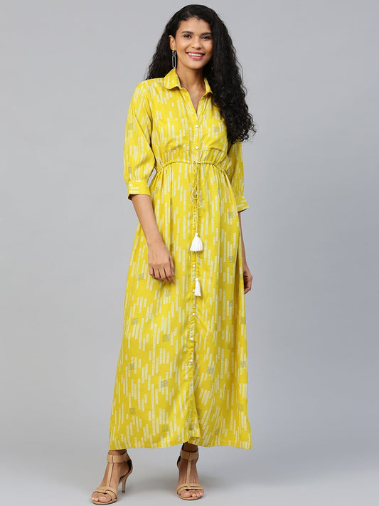 Women Limegreen Conversational Printed Shirt Collar Viscose Rayon A-Line Dress | LASVINI - Redefining Indian Fashion with Elegance