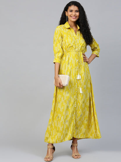 Women Limegreen Conversational Printed Shirt Collar Viscose Rayon A-Line Dress | LASVINI - Redefining Indian Fashion with Elegance