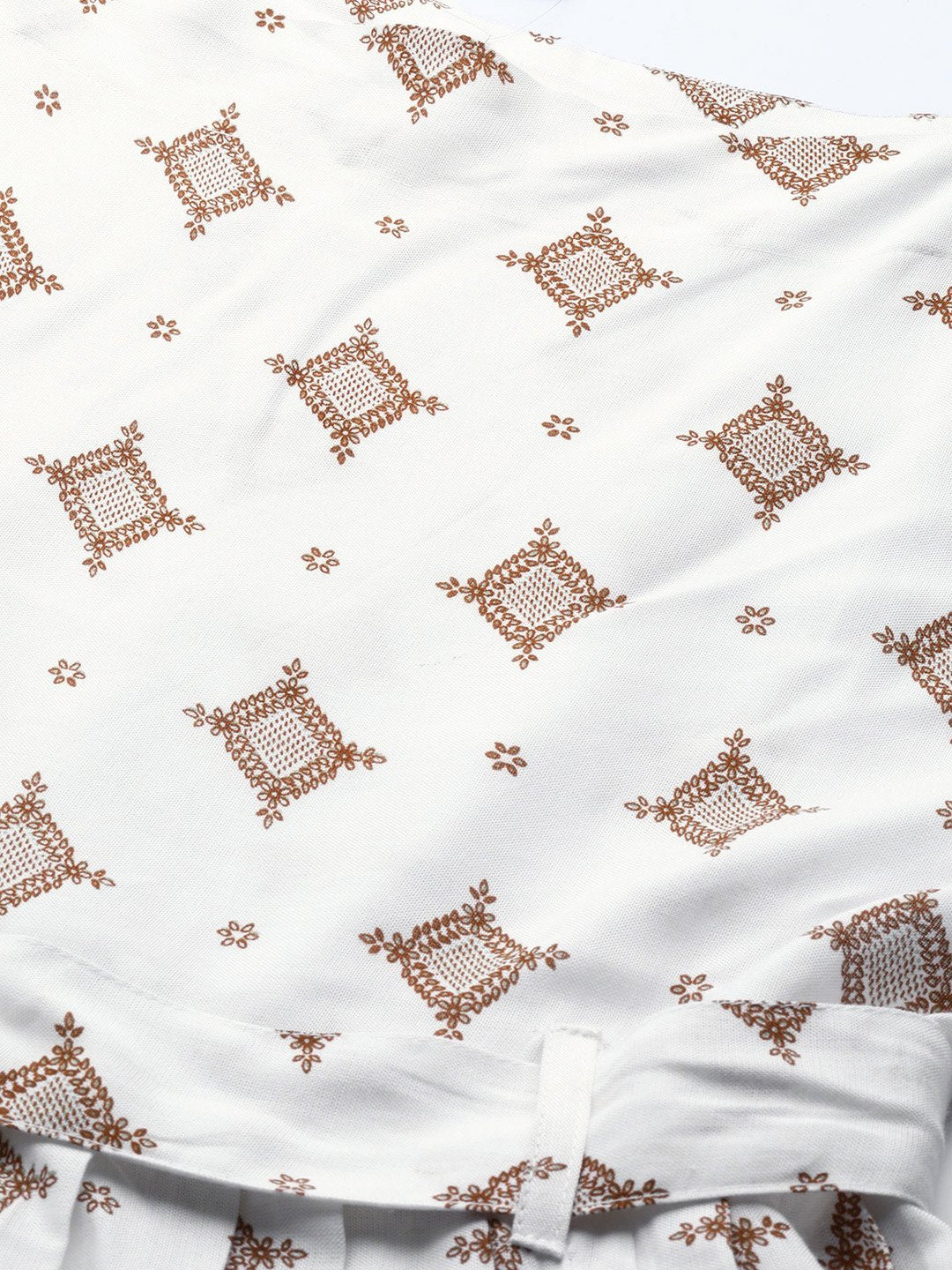 Women White Geometric Printed Shoulder Straps Viscose Rayon Fit And Flare Dress | LASVINI - Redefining Indian Fashion with Elegance