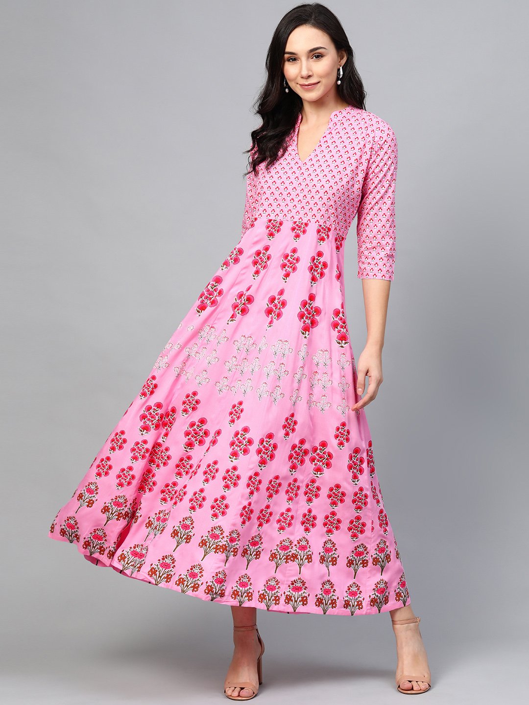 Women Pink Floral Printed Mandarin Collar Viscose Rayon Fit And Flare Dress | LASVINI - Redefining Indian Fashion with Elegance