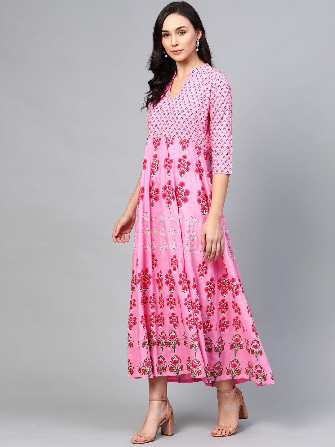 Women Pink Floral Printed Mandarin Collar Viscose Rayon Fit And Flare Dress | LASVINI - Redefining Indian Fashion with Elegance