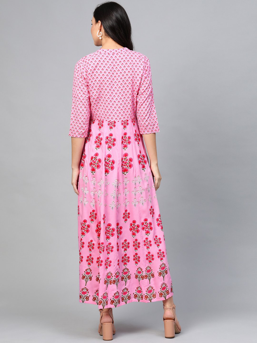 Women Pink Floral Printed Mandarin Collar Viscose Rayon Fit And Flare Dress | LASVINI - Redefining Indian Fashion with Elegance