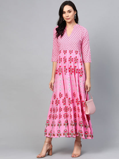 Women Pink Floral Printed Mandarin Collar Viscose Rayon Fit And Flare Dress | LASVINI - Redefining Indian Fashion with Elegance