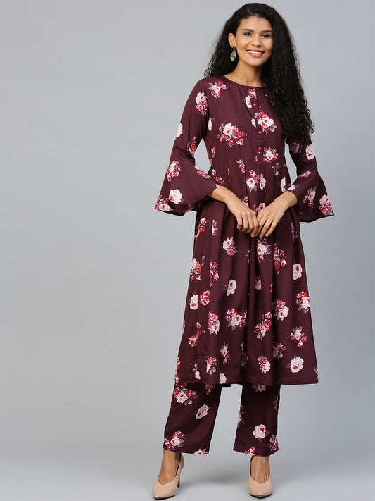 Women Burgundy Three-Quarter Sleeves Flared Kurta Palazzo Set | LASVINI - Redefining Indian Fashion with Elegance