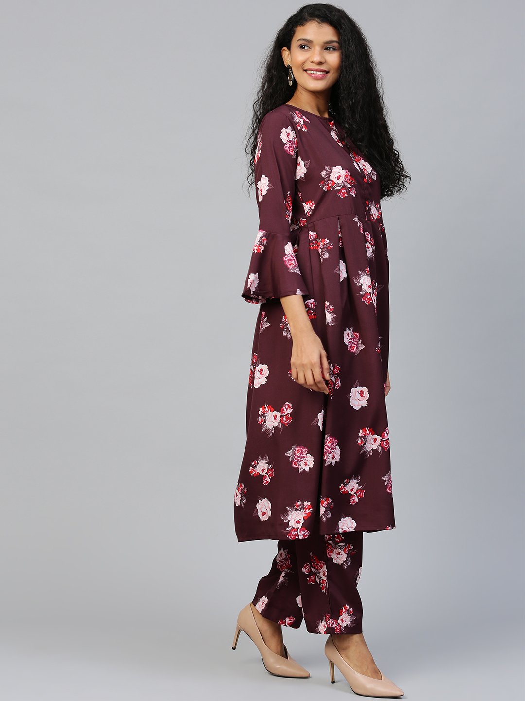 Women Burgundy Three-Quarter Sleeves Flared Kurta Palazzo Set | LASVINI - Redefining Indian Fashion with Elegance