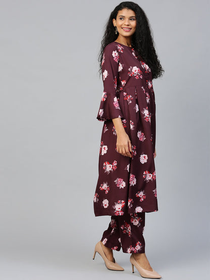 Women Burgundy Three-Quarter Sleeves Flared Kurta Palazzo Set | LASVINI - Redefining Indian Fashion with Elegance