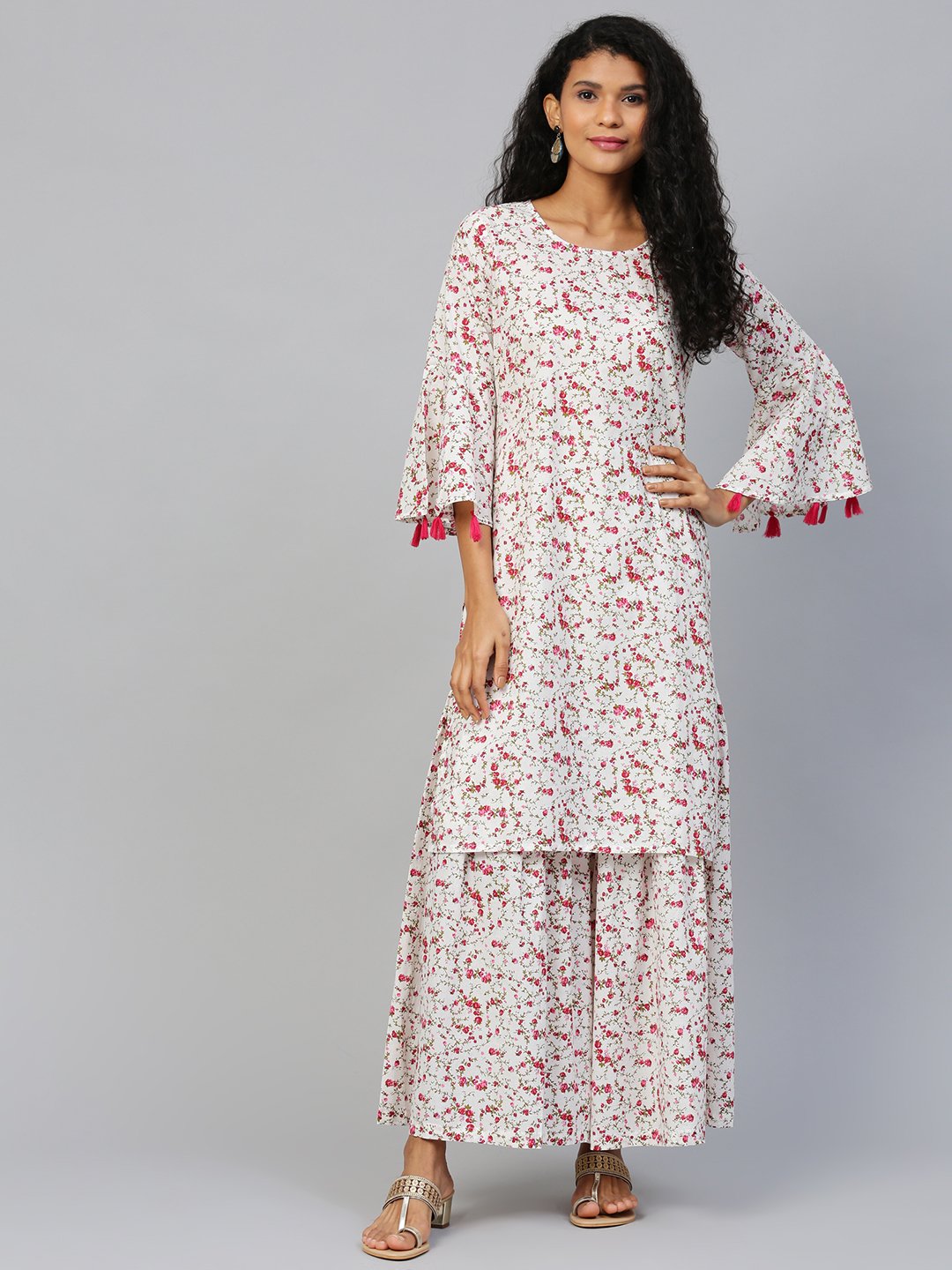 Women White Three-Quarter Sleeves Straight Kurta With Sharara | LASVINI - Redefining Indian Fashion with Elegance
