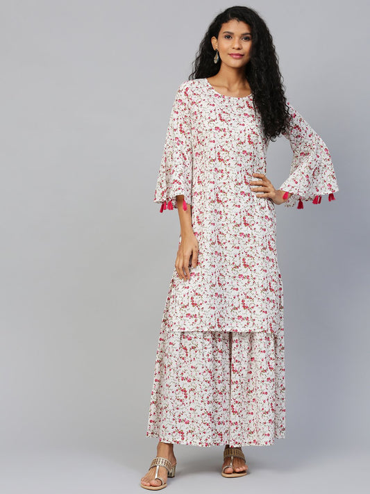 Women White Three-Quarter Sleeves Straight Kurta With Sharara | LASVINI - Redefining Indian Fashion with Elegance