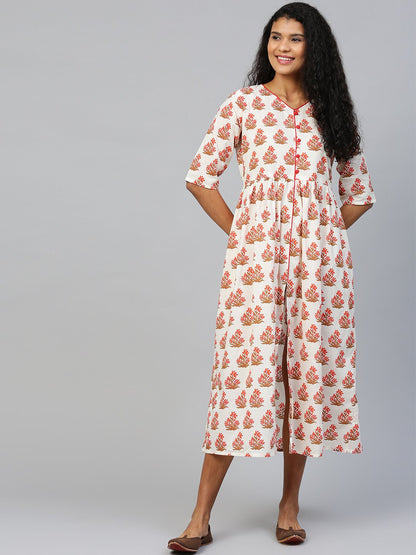 Women Off White Floral Printed V-Neck Cotton A-Line Dress | LASVINI - Redefining Indian Fashion with Elegance