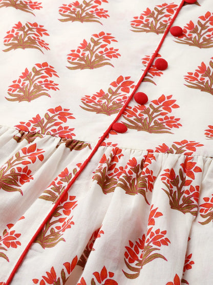 Women Off White Floral Printed V-Neck Cotton A-Line Dress | LASVINI - Redefining Indian Fashion with Elegance