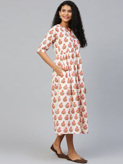 Women Off White Floral Printed V-Neck Cotton A-Line Dress | LASVINI - Redefining Indian Fashion with Elegance
