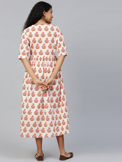 Women Off White Floral Printed V-Neck Cotton A-Line Dress | LASVINI - Redefining Indian Fashion with Elegance