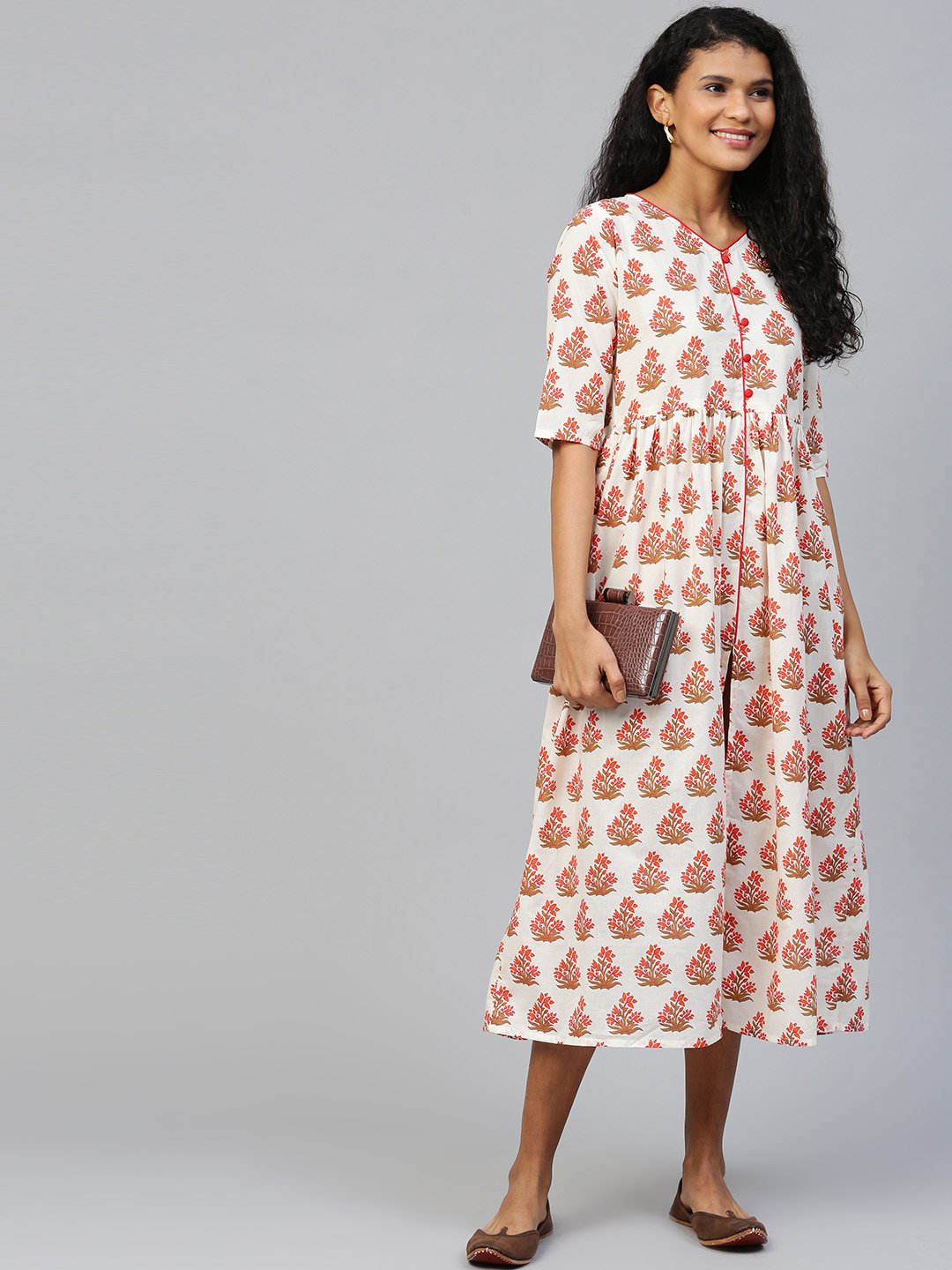 Women Off White Floral Printed V-Neck Cotton A-Line Dress | LASVINI - Redefining Indian Fashion with Elegance