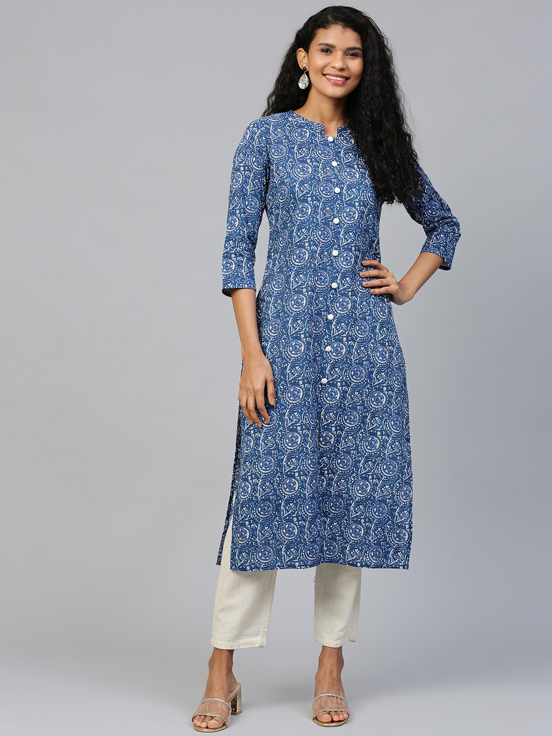 Women Blue Floral Printed Mandarin Collar Cotton A-Line Dress | LASVINI - Redefining Indian Fashion with Elegance