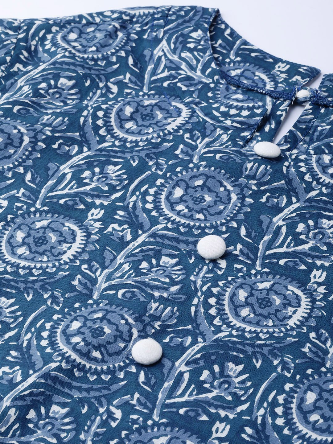 Women Blue Floral Printed Mandarin Collar Cotton A-Line Dress | LASVINI - Redefining Indian Fashion with Elegance