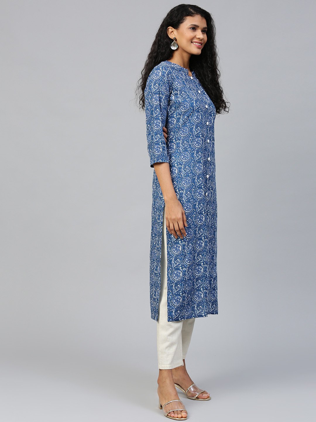 Women Blue Floral Printed Mandarin Collar Cotton A-Line Dress | LASVINI - Redefining Indian Fashion with Elegance