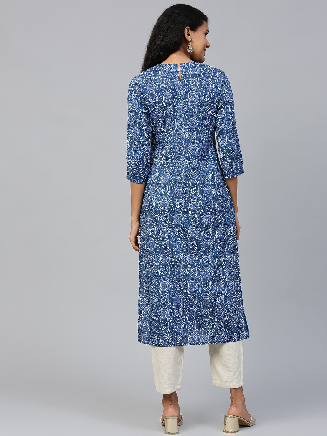 Women Blue Floral Printed Mandarin Collar Cotton A-Line Dress | LASVINI - Redefining Indian Fashion with Elegance