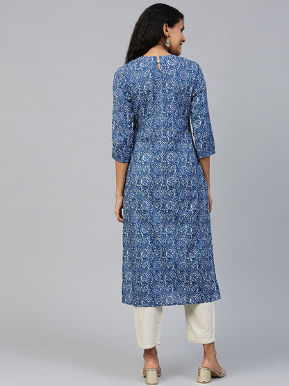 Women Blue Floral Printed Mandarin Collar Cotton A-Line Dress | LASVINI - Redefining Indian Fashion with Elegance