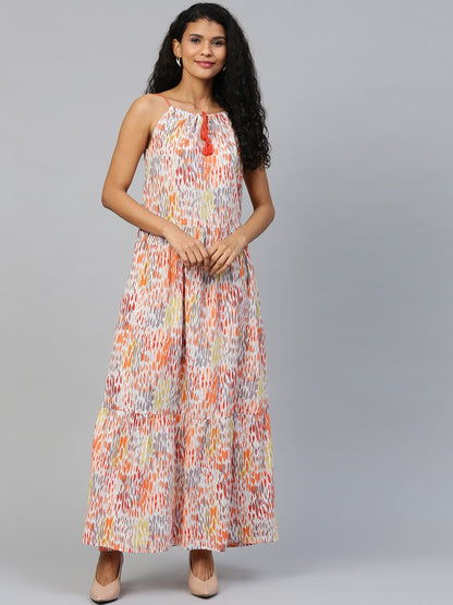 Women Multi Abstract Printed Halter Neck Cotton A-Line Dress | LASVINI - Redefining Indian Fashion with Elegance