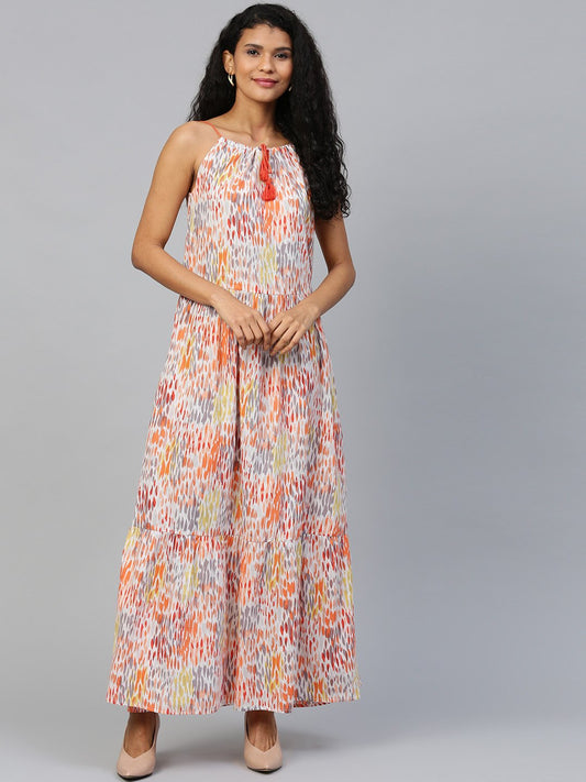 Women Multi Abstract Printed Halter Neck Cotton A-Line Dress | LASVINI - Redefining Indian Fashion with Elegance