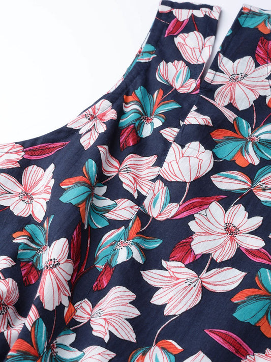 Women Black Floral Printed Round Neck Cotton A-Line Dress | LASVINI - Redefining Indian Fashion with Elegance