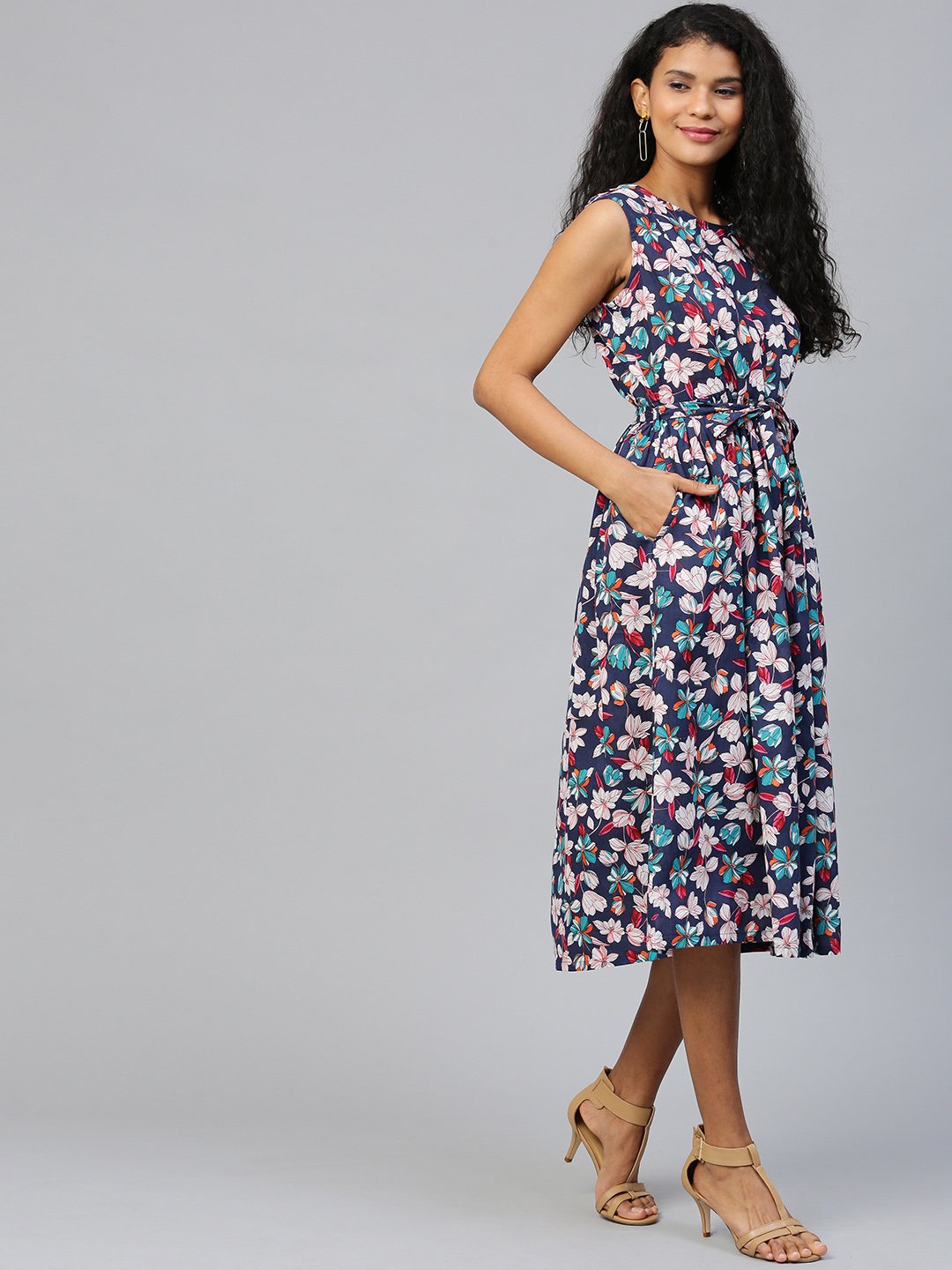 Women Black Floral Printed Round Neck Cotton A-Line Dress | LASVINI - Redefining Indian Fashion with Elegance