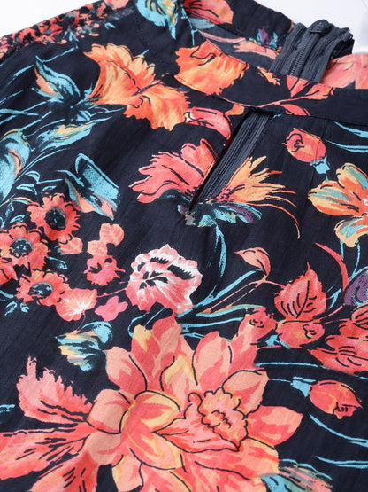 Women Black Floral Printed Halter Neck Cotton A-Line Dress | LASVINI - Redefining Indian Fashion with Elegance