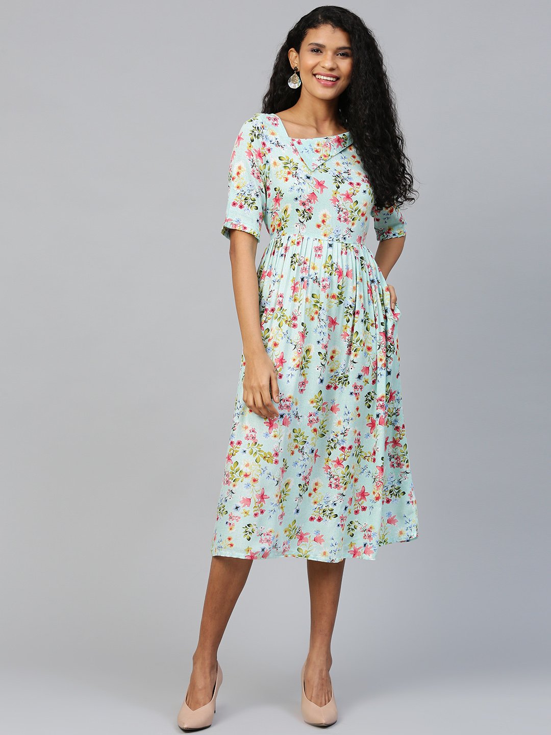 Women Blue Floral Printed Square Neck Viscose Rayon Fit And Flare Dress | LASVINI - Redefining Indian Fashion with Elegance