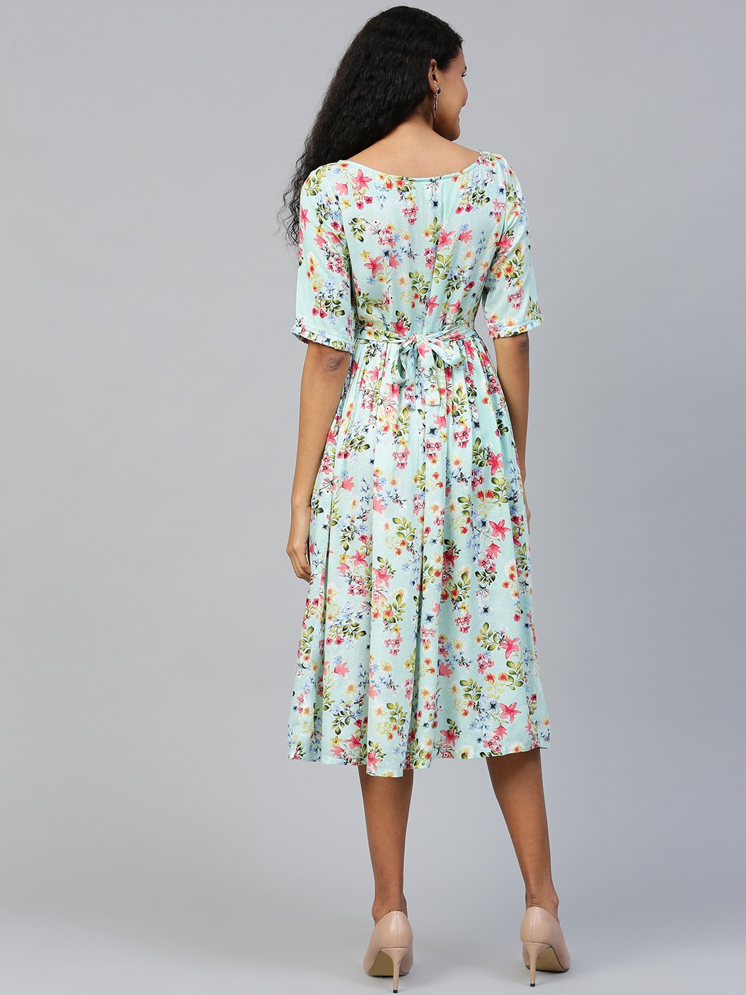 Women Blue Floral Printed Square Neck Viscose Rayon Fit And Flare Dress | LASVINI - Redefining Indian Fashion with Elegance