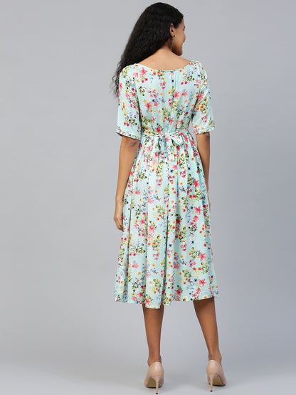 Women Blue Floral Printed Square Neck Viscose Rayon Fit And Flare Dress | LASVINI - Redefining Indian Fashion with Elegance