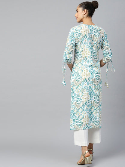 Women White Calf Length Long Sleeves A-Line Quirky Printed Cotton Kurta | LASVINI - Redefining Indian Fashion with Elegance