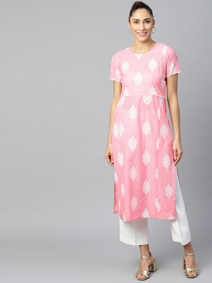 Women Pink Calf Length Short Sleeves A-Line Ethnic Motifs Printed Cotton Kurta | LASVINI - Redefining Indian Fashion with Elegance