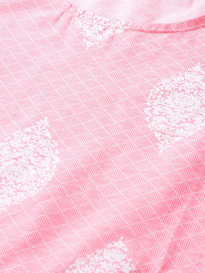 Women Pink Calf Length Short Sleeves A-Line Ethnic Motifs Printed Cotton Kurta | LASVINI - Redefining Indian Fashion with Elegance