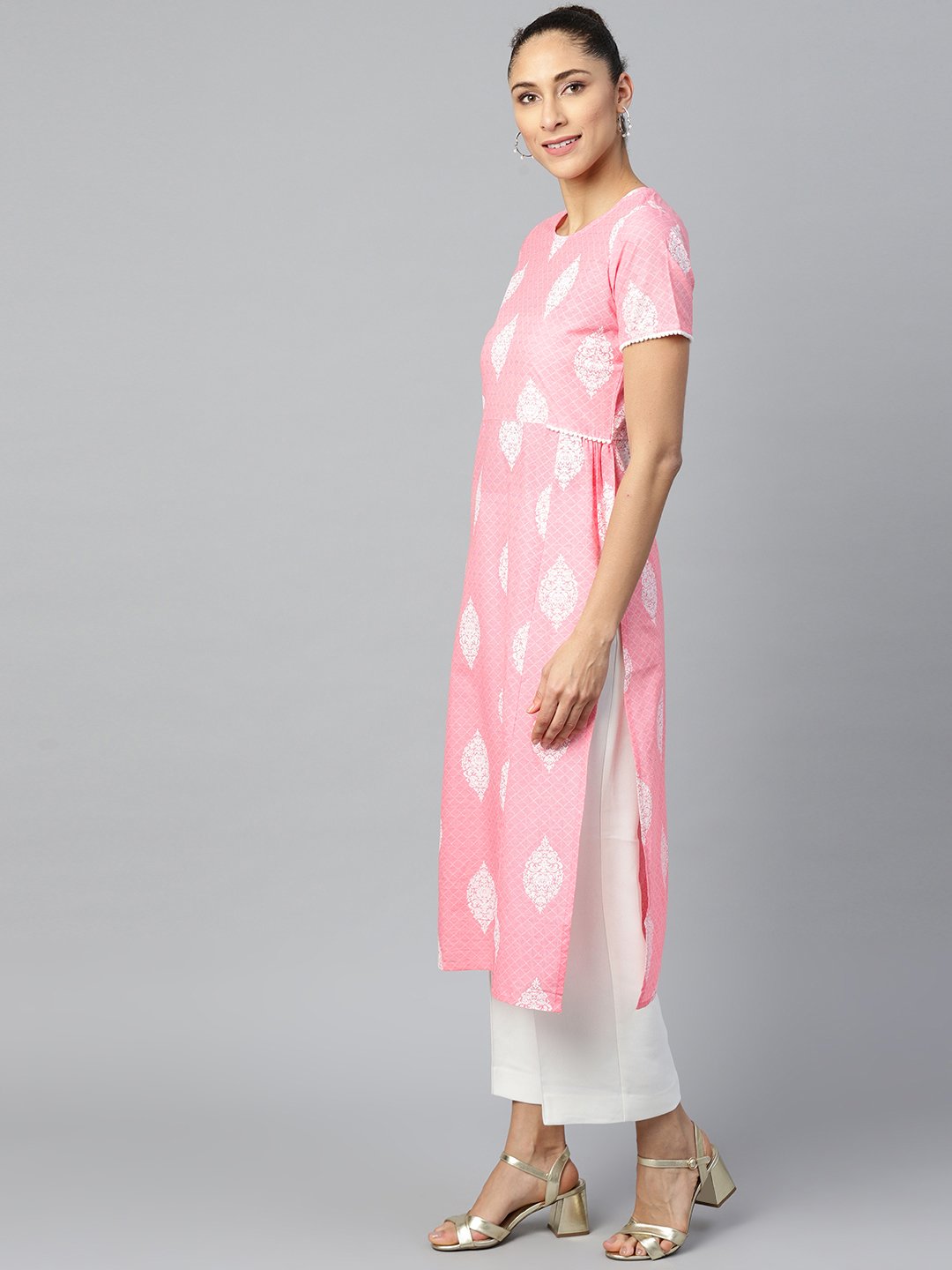 Women Pink Calf Length Short Sleeves A-Line Ethnic Motifs Printed Cotton Kurta | LASVINI - Redefining Indian Fashion with Elegance