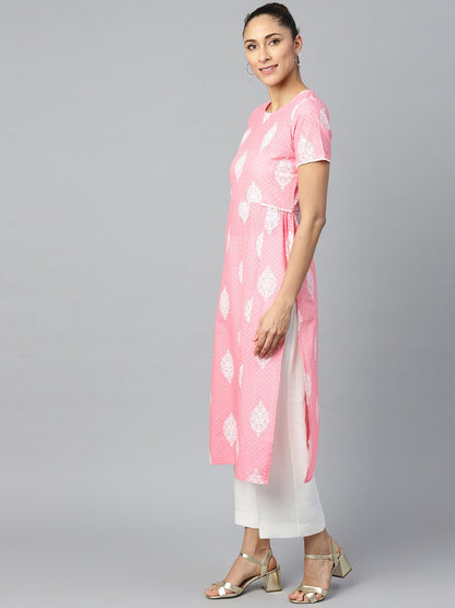 Women Pink Calf Length Short Sleeves A-Line Ethnic Motifs Printed Cotton Kurta | LASVINI - Redefining Indian Fashion with Elegance