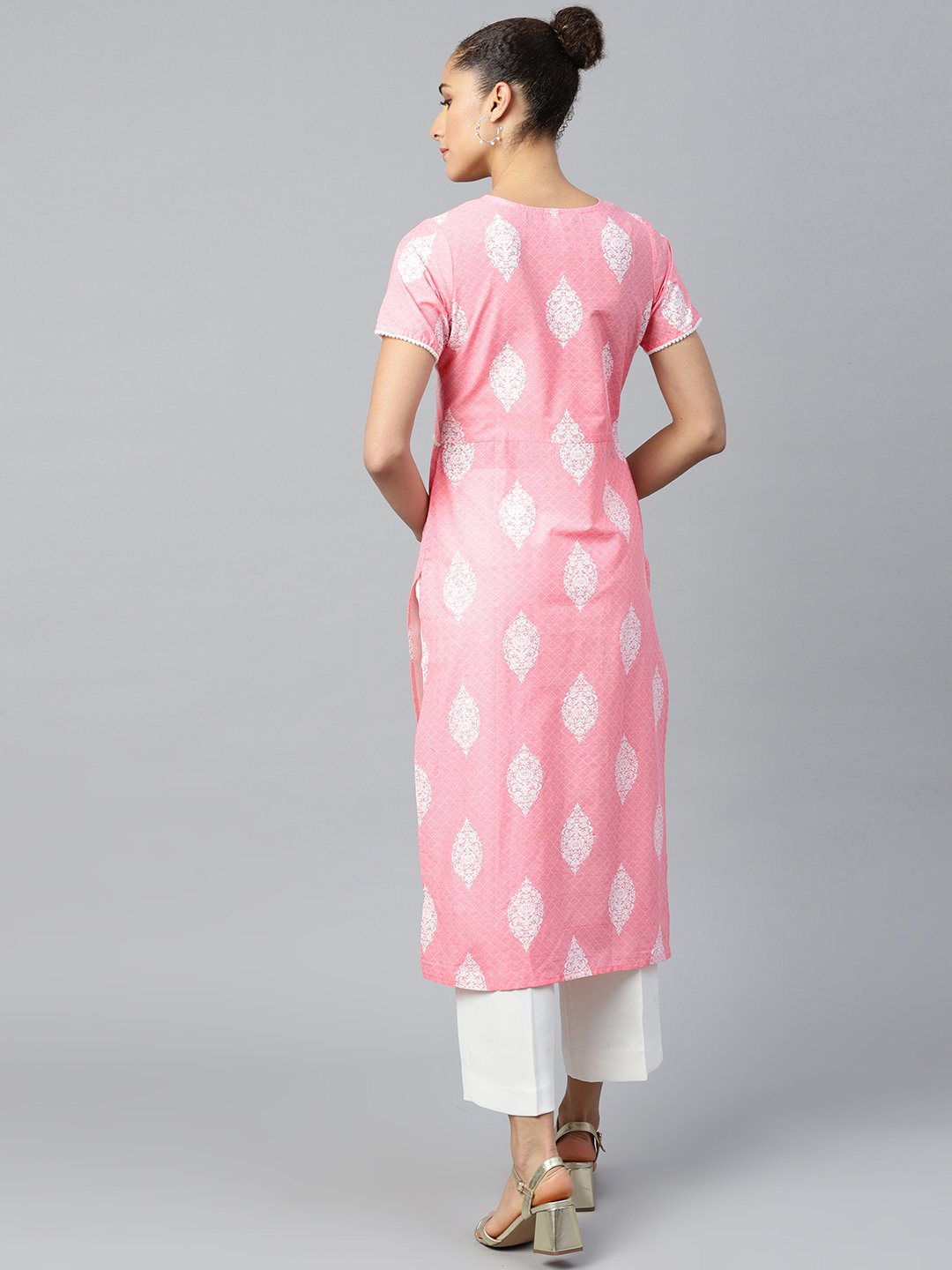 Women Pink Calf Length Short Sleeves A-Line Ethnic Motifs Printed Cotton Kurta | LASVINI - Redefining Indian Fashion with Elegance