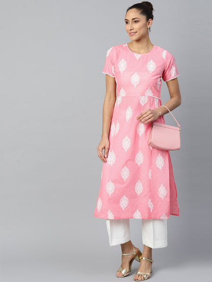 Women Pink Calf Length Short Sleeves A-Line Ethnic Motifs Printed Cotton Kurta | LASVINI - Redefining Indian Fashion with Elegance