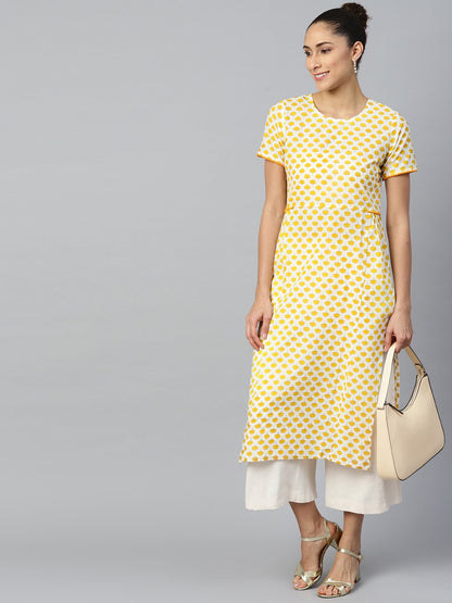 Women Yellow Calf Length Short Sleeves A-Line Ethnic Motifs Printed Cotton Kurta | LASVINI - Redefining Indian Fashion with Elegance