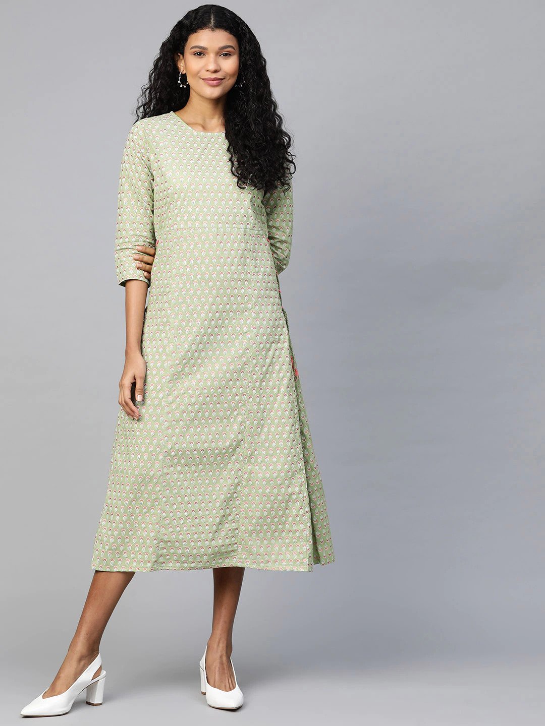 Women Green Ethnic Motifs Printed A-Line Dress | LASVINI - Redefining Indian Fashion with Elegance