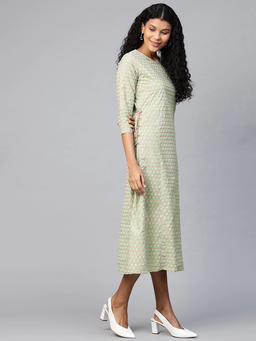 Women Green Ethnic Motifs Printed A-Line Dress | LASVINI - Redefining Indian Fashion with Elegance