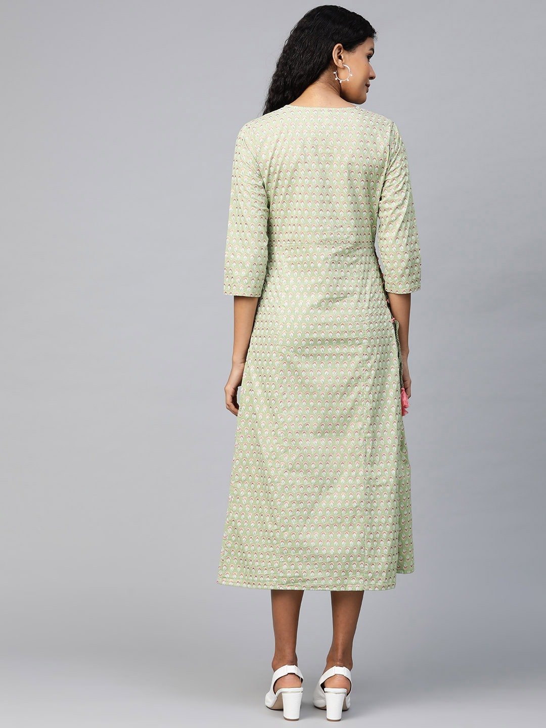 Women Green Ethnic Motifs Printed A-Line Dress | LASVINI - Redefining Indian Fashion with Elegance
